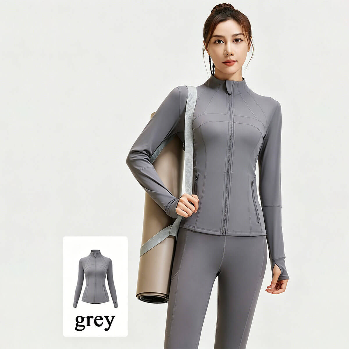 Slate grey performance yoga jacket for women, ideal for gym sessions and outdoor exercise.
