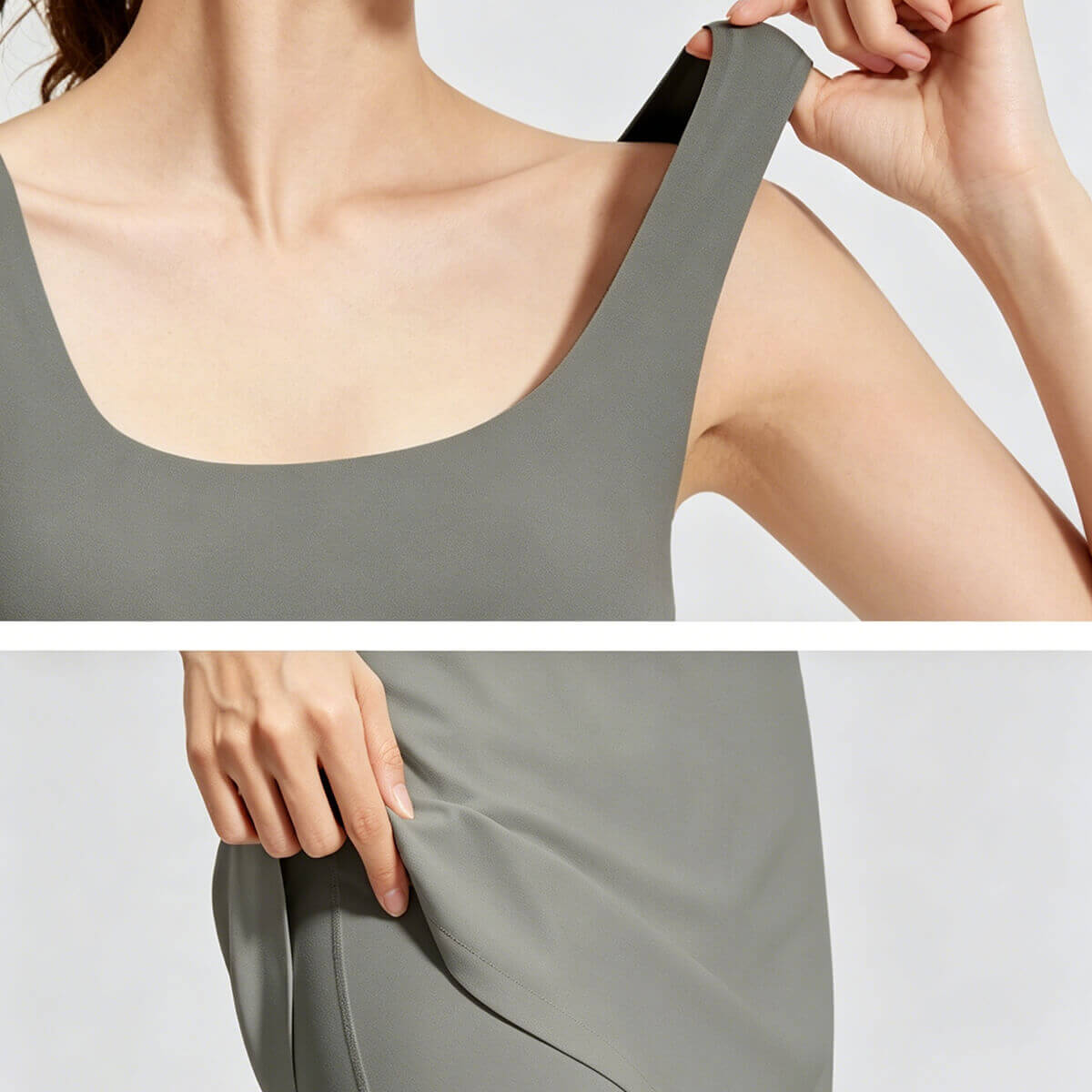Close-up of the wide shoulder straps and stretchy moisture-wicking fabric of a premium women's performance workout dress