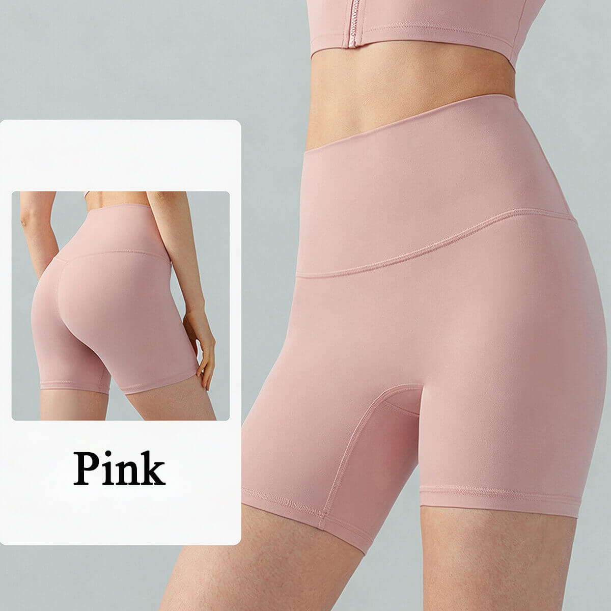 A collage showing the front and back views of women's pink high-waisted yoga shorts with tummy control.