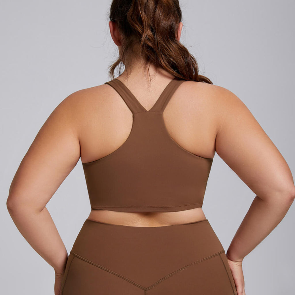 Back view of a chocolate brown plus size racerback sports bra.