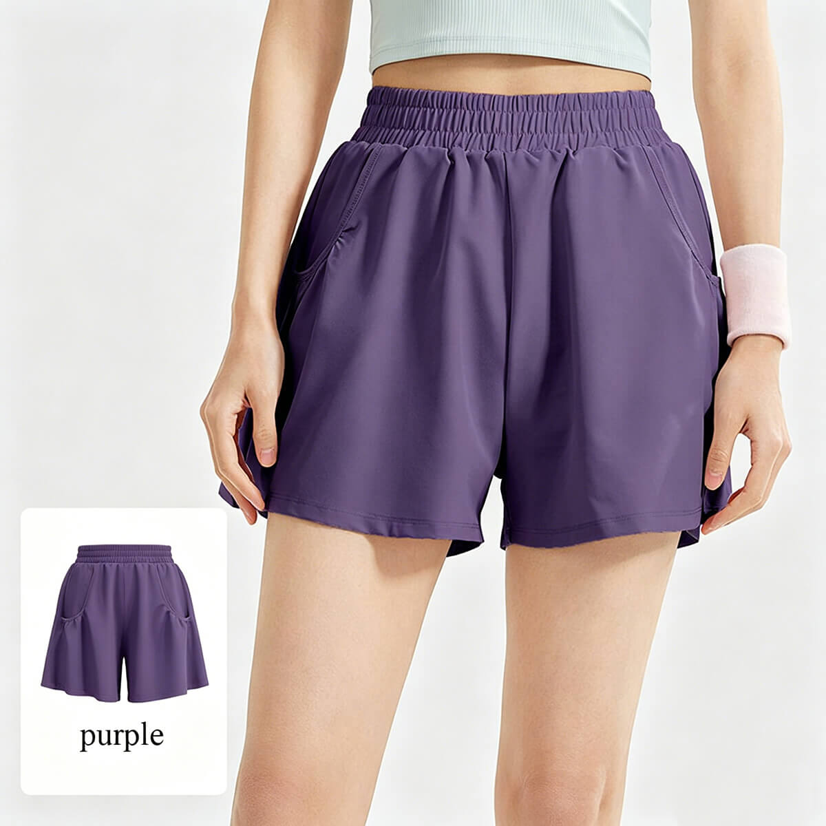 Vibrant purple high-rise running shorts with side pockets, designed for maximum comfort and freedom of movement during exercise.