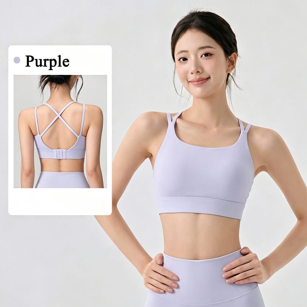 Purple sports bra set showing front and criss-cross back views