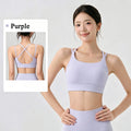Purple sports bra set showing front and criss-cross back views