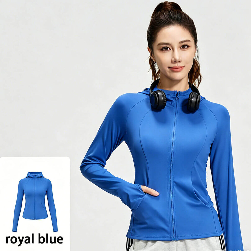 Model wearing a royal blue full-zip activewear jacket, perfect for gym, yoga, and outdoor activities.