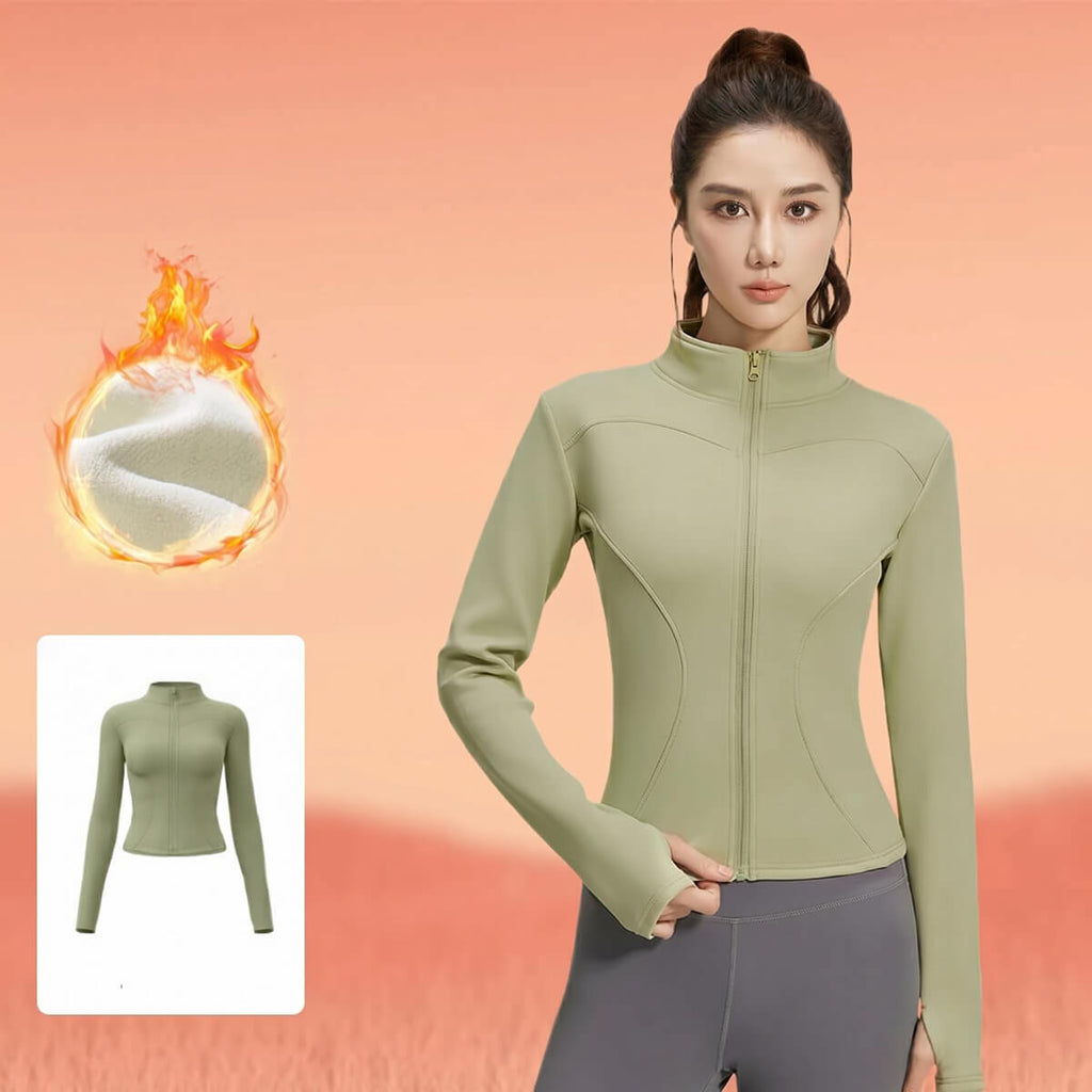 Sage green women's thermal running jacket with a fleece-lining icon, highlighting the warm interior fabric for cold weather exercise