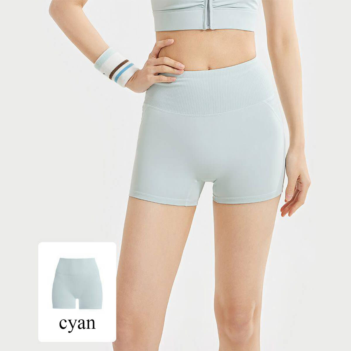 Full front view of light cyan seamless workout shorts, a perfect high-performance activewear piece for running and yoga.