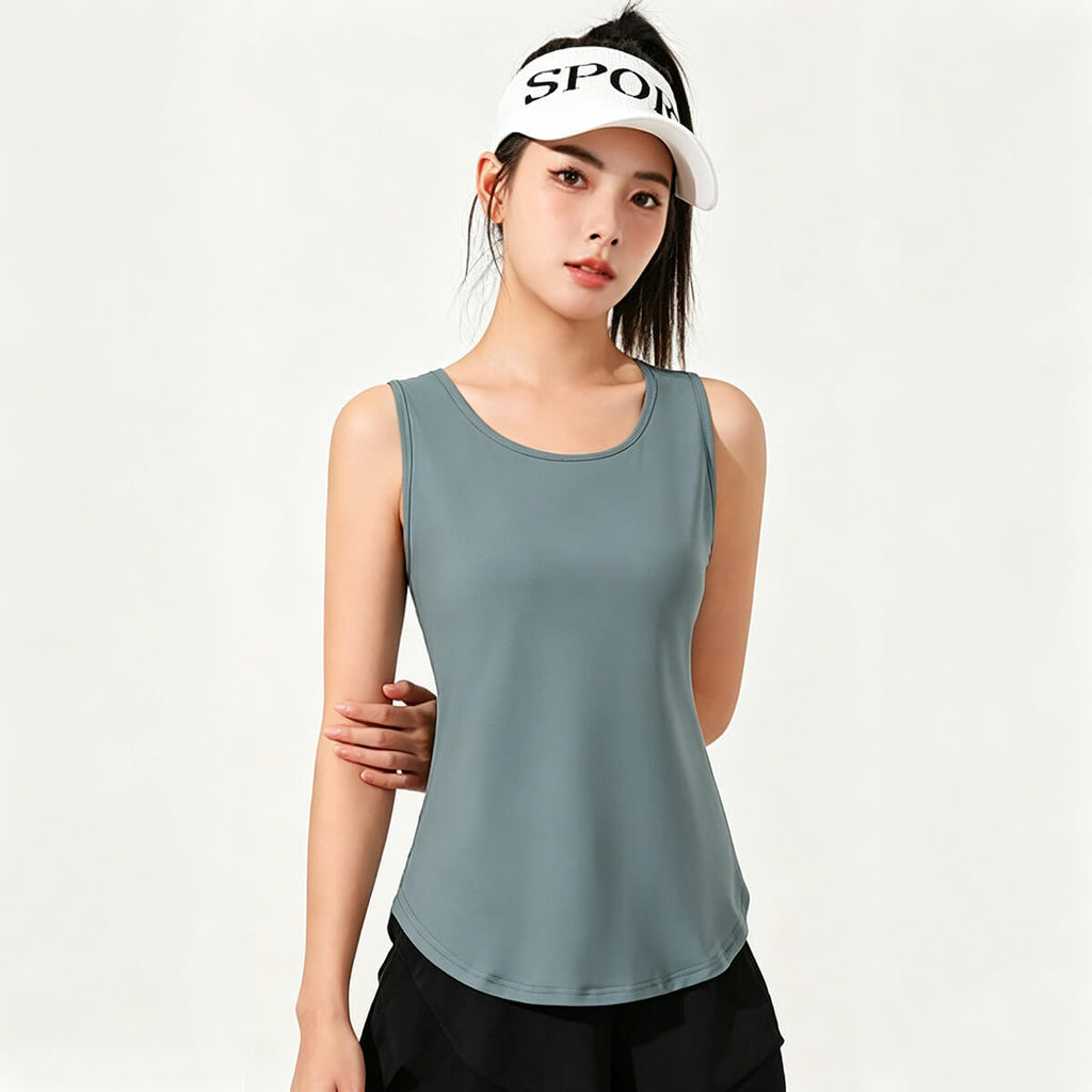 Full front view of a steel blue athletic tank top for women, perfect for fitness training and running