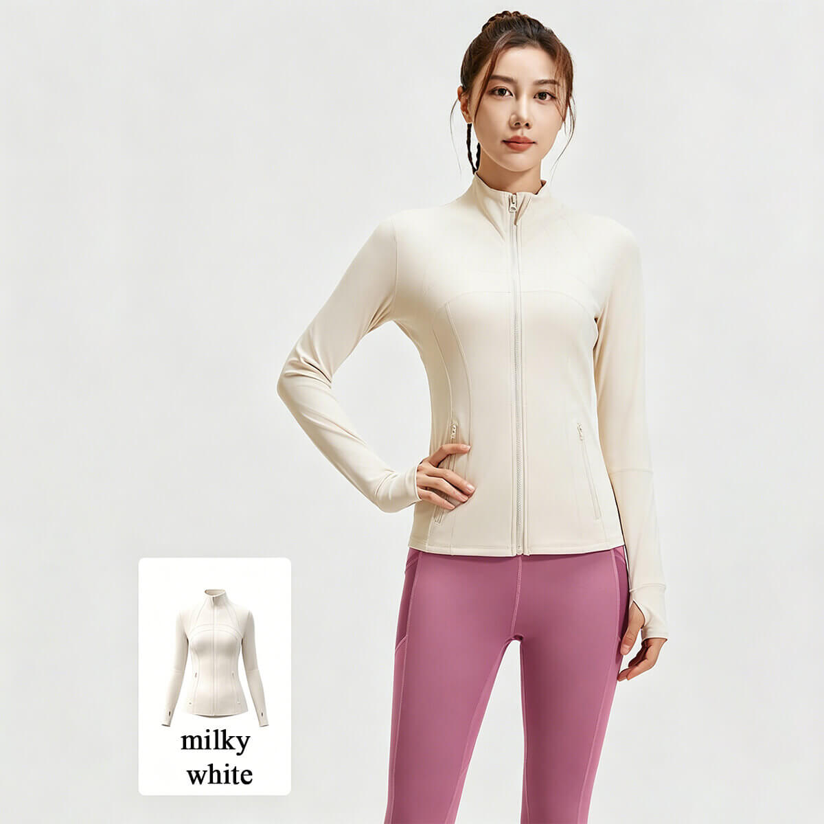 Milky white athleisure zip-up jacket for women, stylish and functional for active lifestyles.