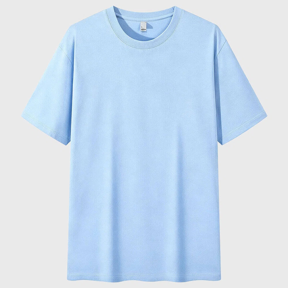 Unisex plain casual cotton workout t-shirt in sky blue with custom logo, direct clothing manufacturer - front view.
