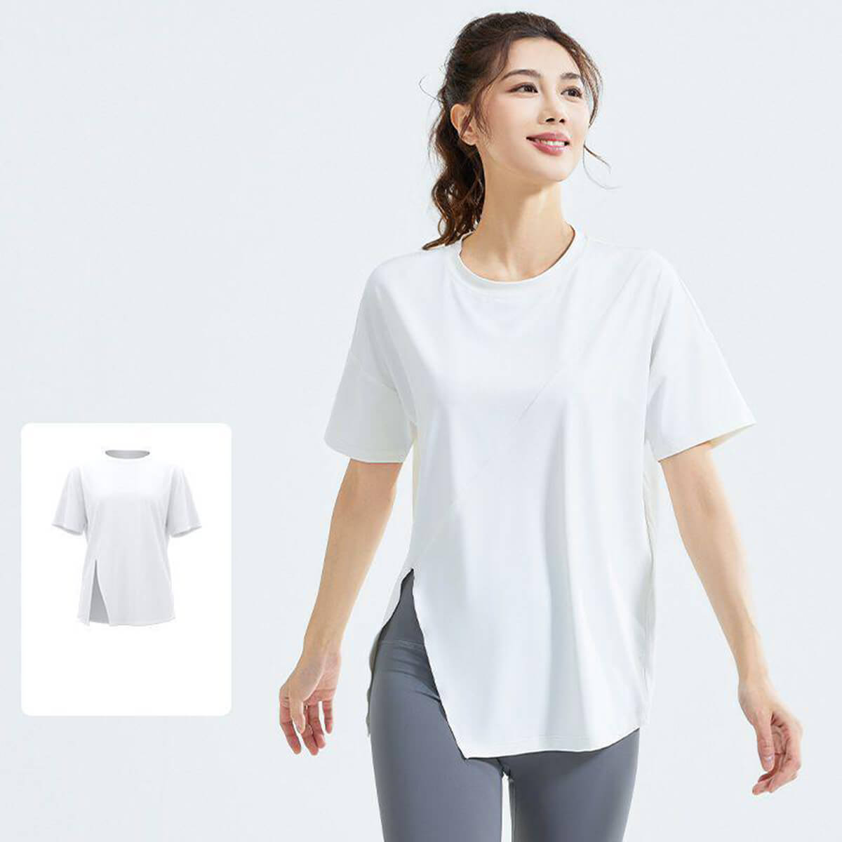 Classic white asymmetrical hem workout t-shirt for women, made with moisture-wicking material ideal for running and fitness.