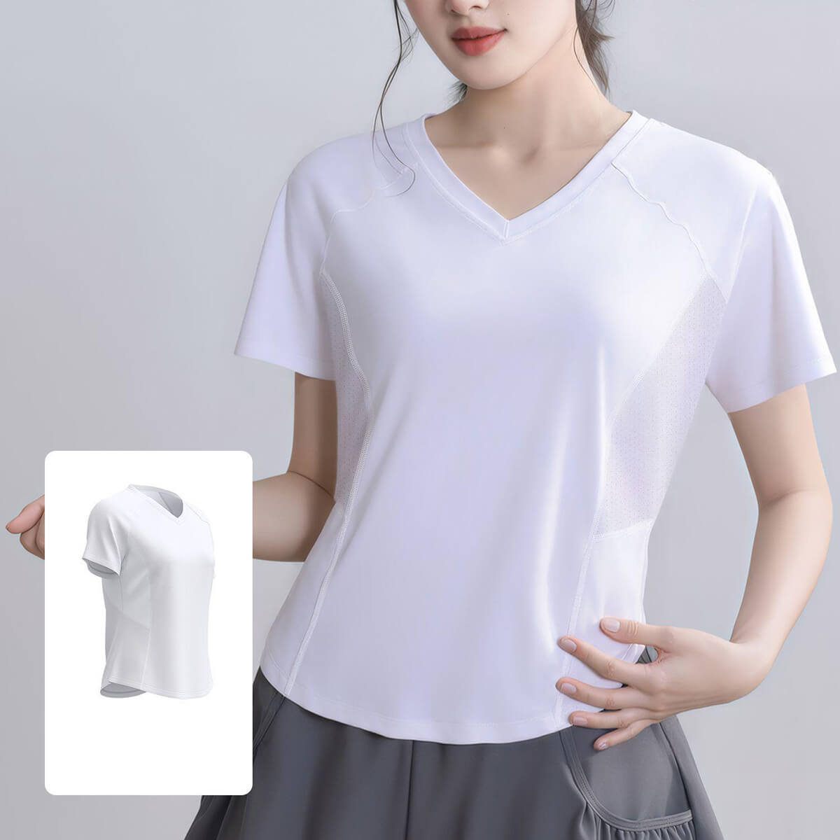 Classic white V-neck short sleeve yoga shirt for women with quick-dry mesh panels, ideal for cardio and everyday activewear.