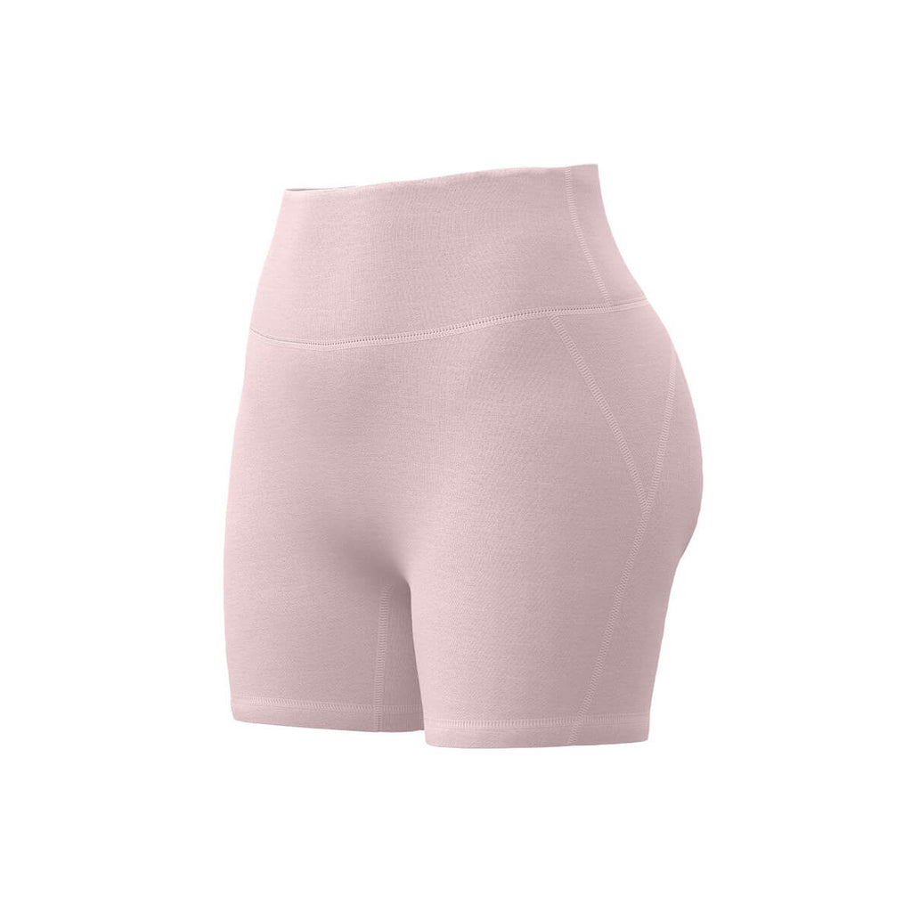 Professional studio product image of pink high-waisted peach lift athletic shorts on a plain background.