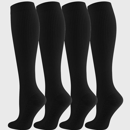Women's 15-20 mmHg cotton compression socks 4 pack in black with custom logo, OEM activewear manufacturer - front view.