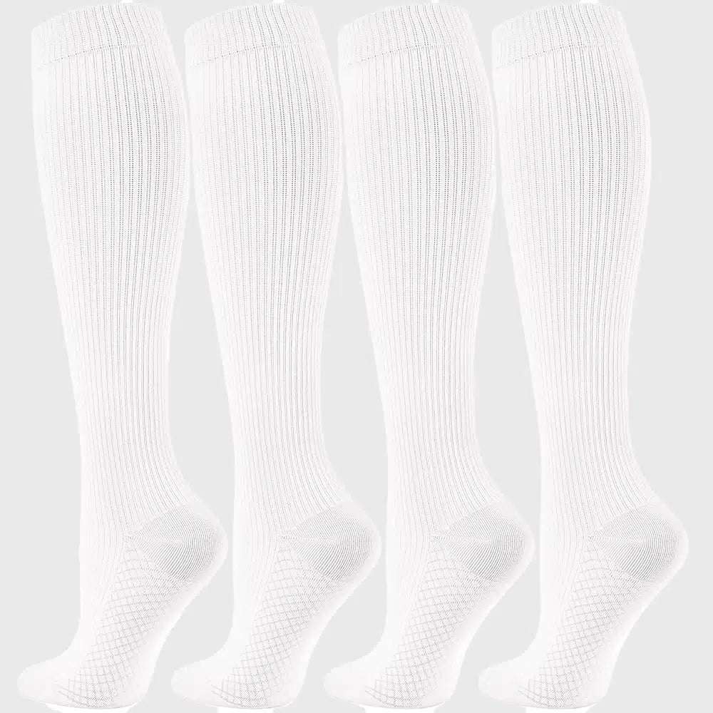 Women's 15-20 mmHg graduated athletic compression socks in white with custom logo, private label manufacturer.