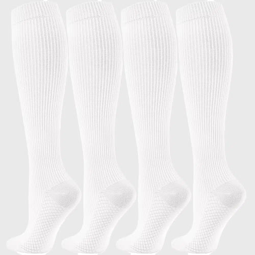 Women's 15-20 mmHg graduated athletic compression socks in white with custom logo, private label manufacturer.