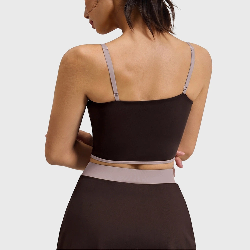 Back view showing adjustable spaghetti straps on women's sports bra in coffee with custom logo, custom yoga apparel manufacturer.

