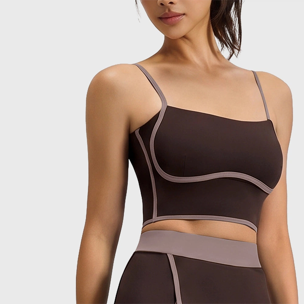 Women's adjustable spaghetti strap yoga sports bra in coffee with custom logo, OEM gym wear manufacturer - front view.