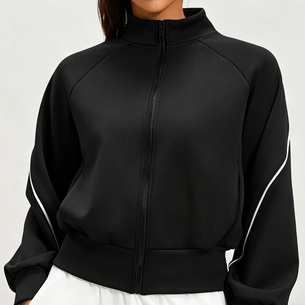 Front view of a women's black cropped athletic bomber jacket with a full-zip front and stand collar, perfect for workout and athleisure.