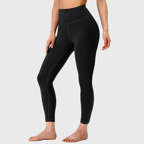 Women's buttery soft high waist yoga leggings in black with custom logo, direct clothing manufacturer - front view.
