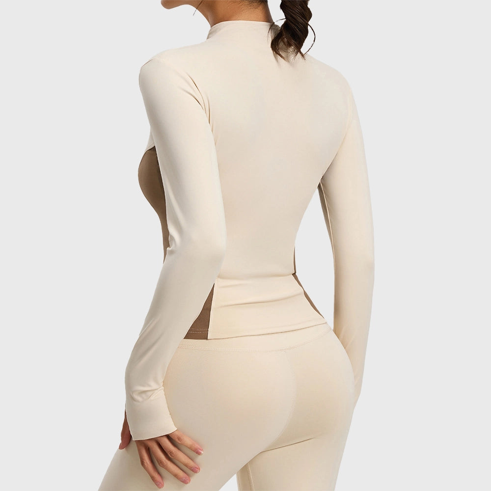 Side back view of women's colorblock contour full zip workout jacket in cream and brown with custom logo, OEM activewear manufacturer.