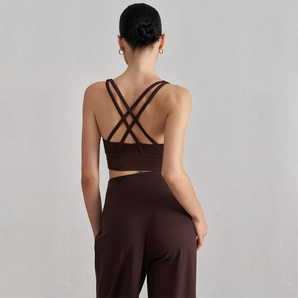  Back view of a chocolate brown double cross-strap athletic sports bra.