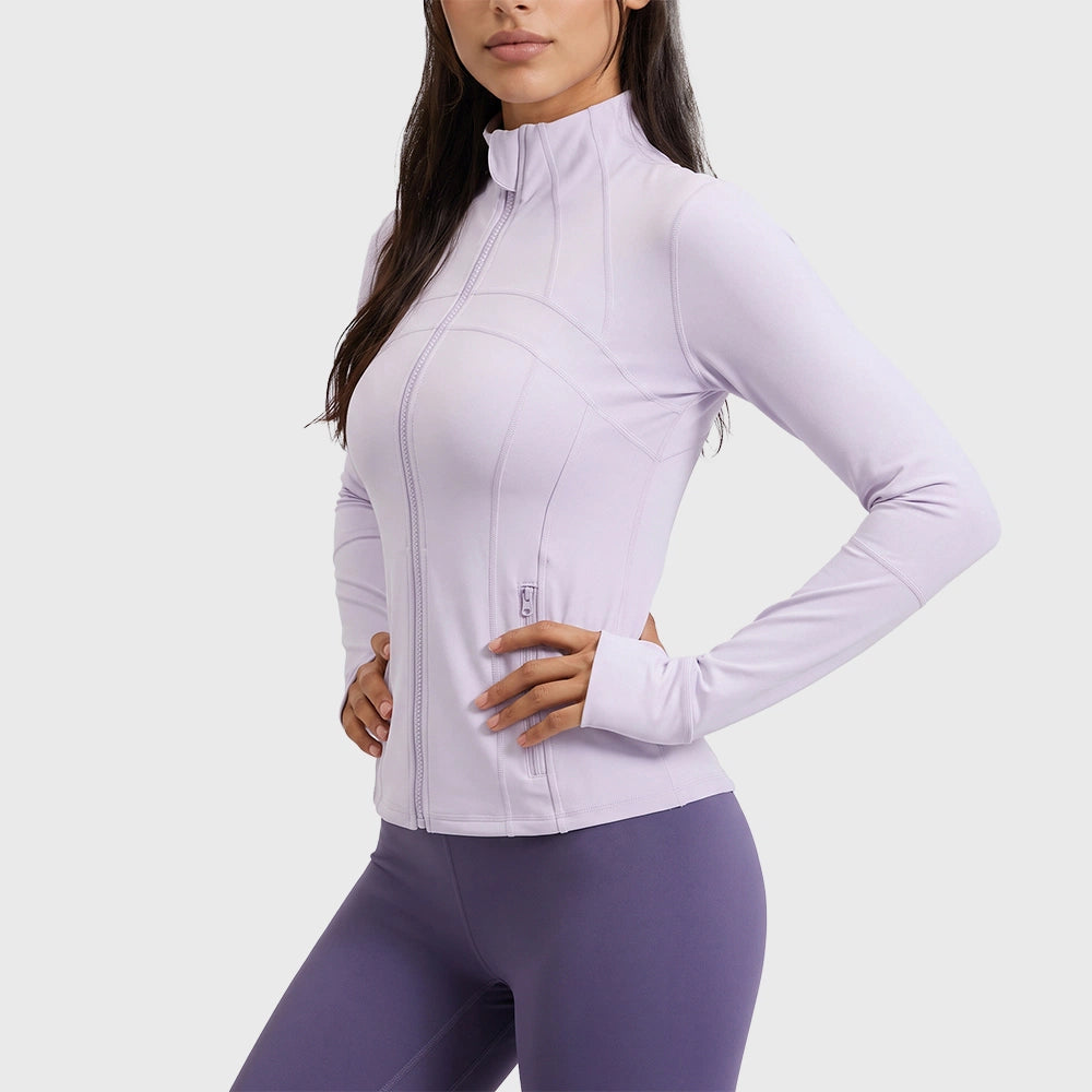 Side view of women's stand collar full zip workout jacket with thumbholes in lilac with custom logo, activewear manufacturer.
