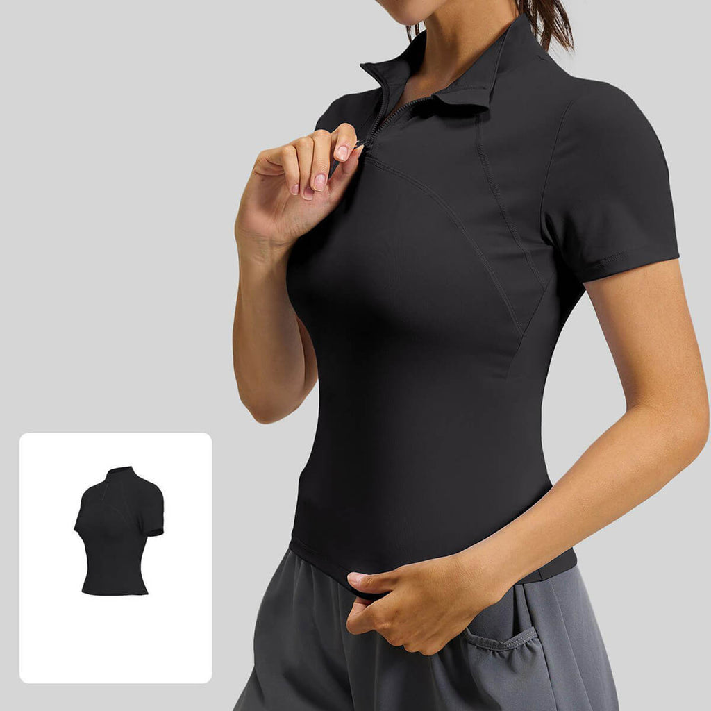 Close-up of the adjustable half-zip mock neck and stand-up collar on a women's black performance gym top.