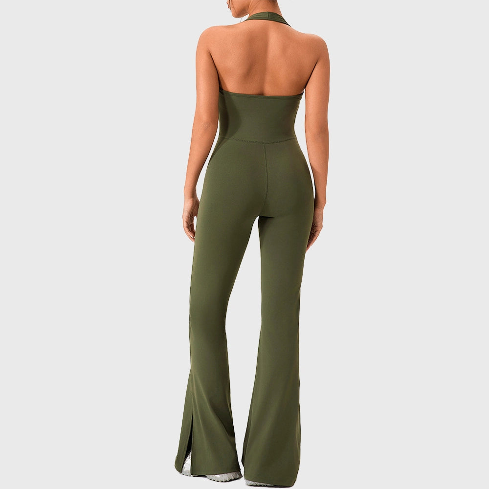 Women's halter backless split flare yoga jumpsuit in sage green with custom logo, OEM activewear manufacturer - front view.