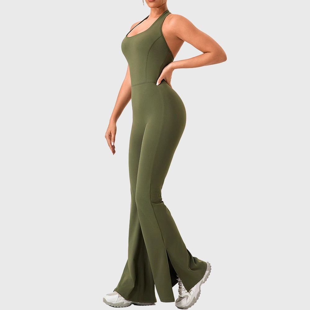 Side profile showing split hem flare leg on women's olive green yoga jumpsuit with custom logo, custom activewear manufacturer.