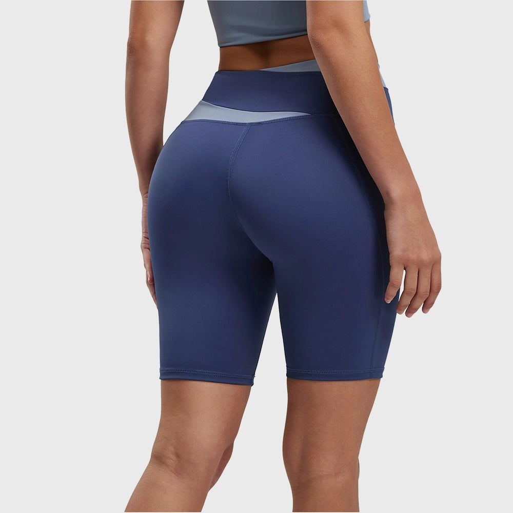 Back view of women's high rise booty lifting biker shorts in navy blue with custom logo, private label manufacturer.
