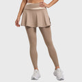 Women's high waist crossover colorblock skirted yoga leggings in tan and cream with custom logo, OEM activewear manufacturer - front view.
