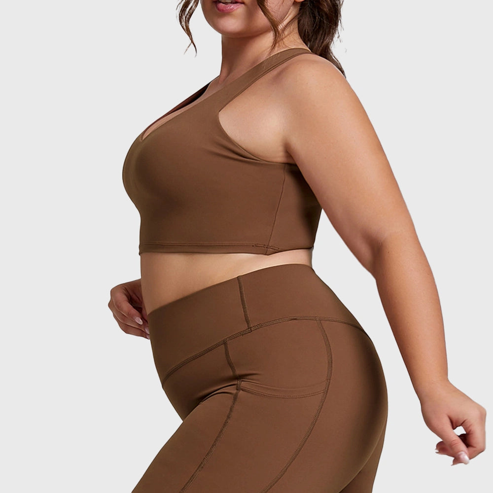 Side profile and coverage of mocha brown longline racerback bra with custom logo service, direct from OEM garment manufacturer.