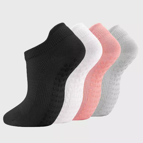 Women's low cut non-slip pilates socks with arch support in multicolor 4 pack with custom logo, OEM activewear manufacturer - front view.