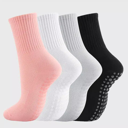 Women's non-slip grip pilates yoga socks multicolor 4 pack with custom logo, OEM activewear manufacturer - front view.