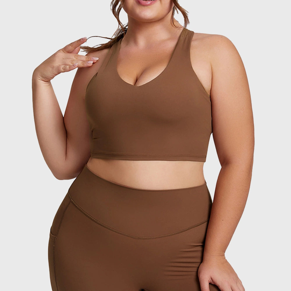 Mocha brown women's plus size supportive fitness bra with custom logo placement, crafted by professional clothing manufacturer.