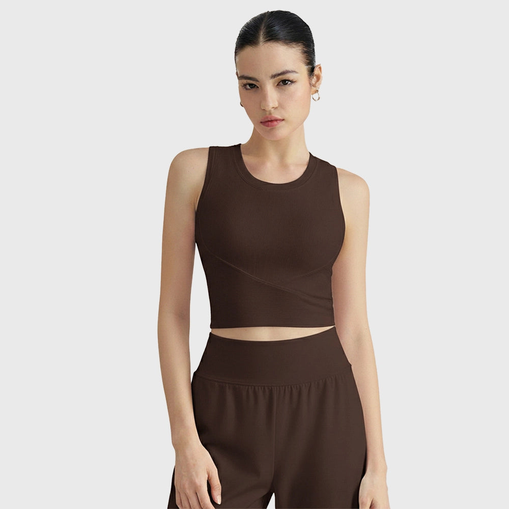 Mocha brown women's ribbed workout crop tank with crossover waist and custom logo from private label clothing manufacturer.