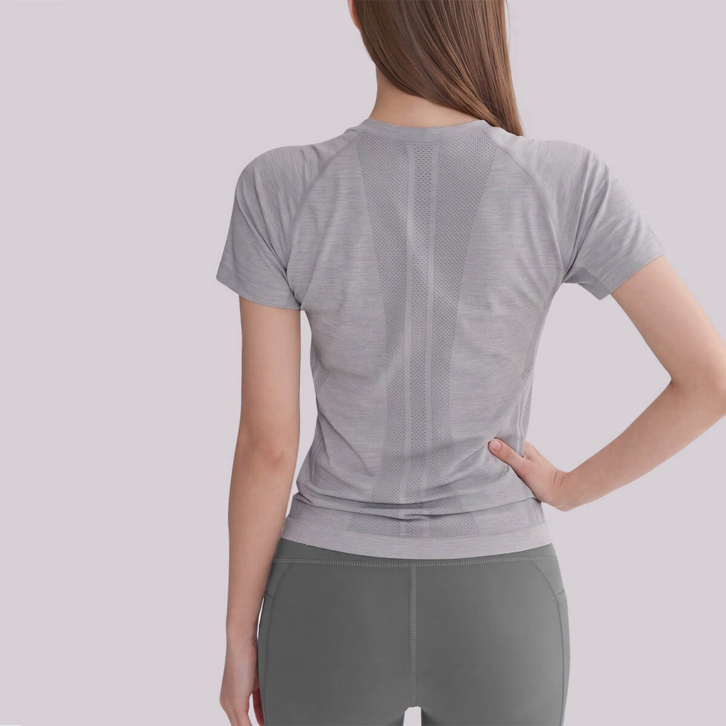 Back view of a heather grey running shirt featuring seamless mesh ventilation panels.