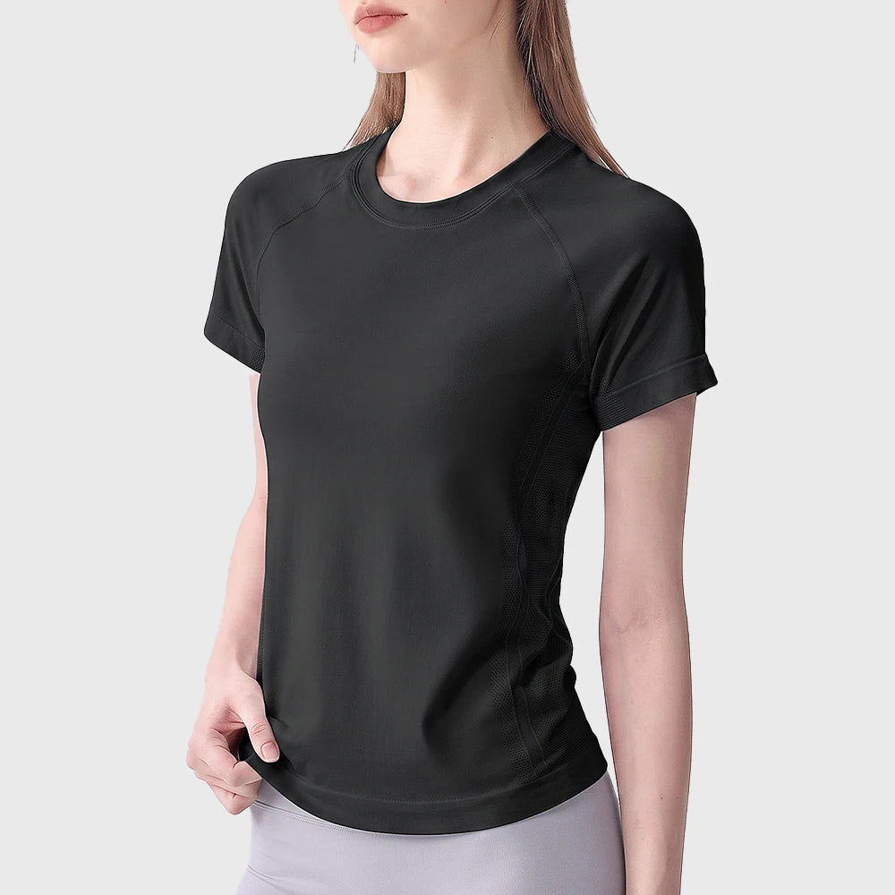 Black women's seamless slim fit workout t-shirt ready for custom logo printing, supplied by fitness wear manufacturer.
