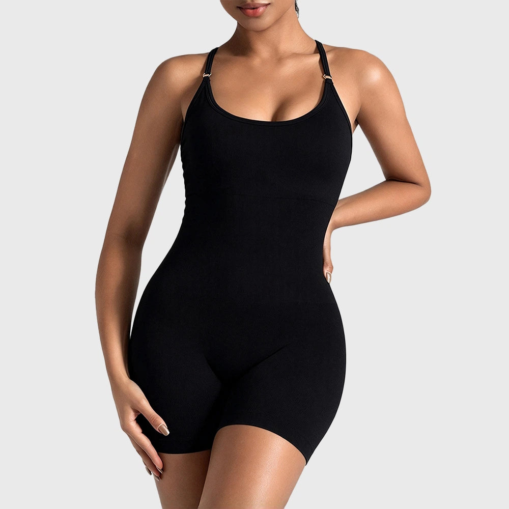 Women's seamless scoop neck cami biker short romper in black with custom logo, fitness apparel manufacturer.