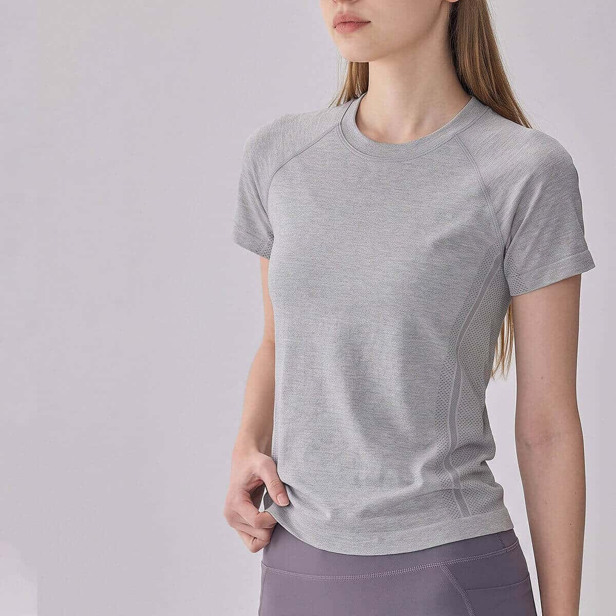 Front view of a heather grey short sleeve breathable running t-shirt.