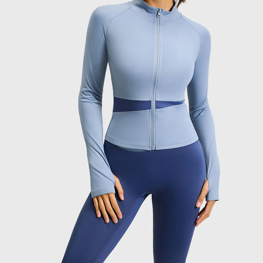 Women's stand collar full zip colorblock yoga jacket in steel blue with custom logo, private label manufacturer - front view.