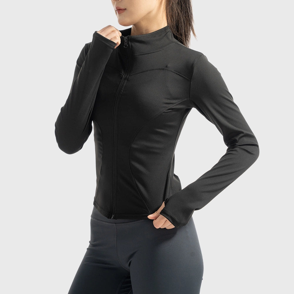 Side 3/4 view of women's slimming fit athletic workout jacket with thumbholes in black with custom logo, custom sportswear manufacturer.
