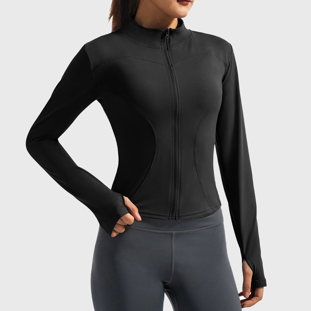 Women's stand collar contour full zip yoga jacket in black with custom logo, OEM activewear manufacturer - front view.
