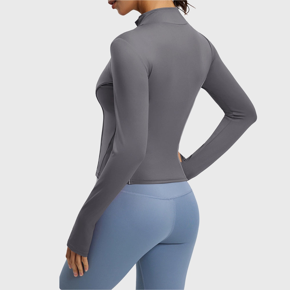 Back view of women's reflective piping athletic running jacket in slate grey with custom logo, OEM gym wear manufacturer.