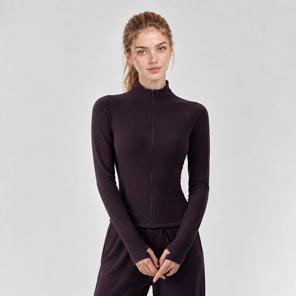 Front view of a deep plum full-zip running jacket with thumbhole sleeves.