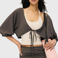 Women's tie-front puff sleeve crop bolero shrug in mocha brown with custom logo, fitness clothing manufacturer.