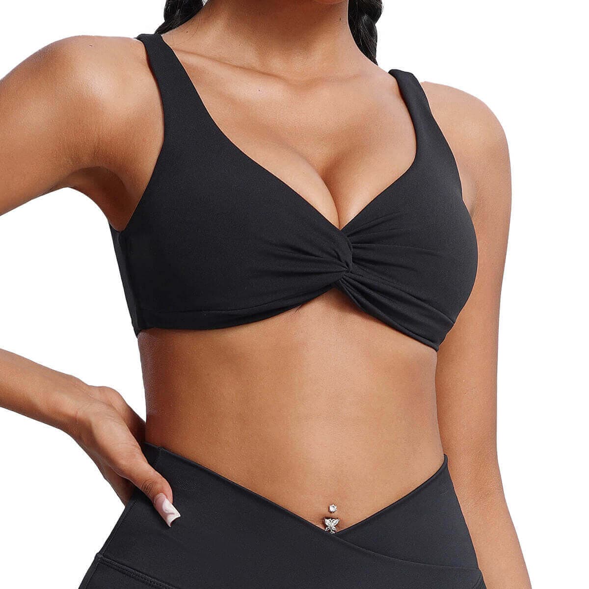  Front view of a black twist-front V-neck workout sports bra.
