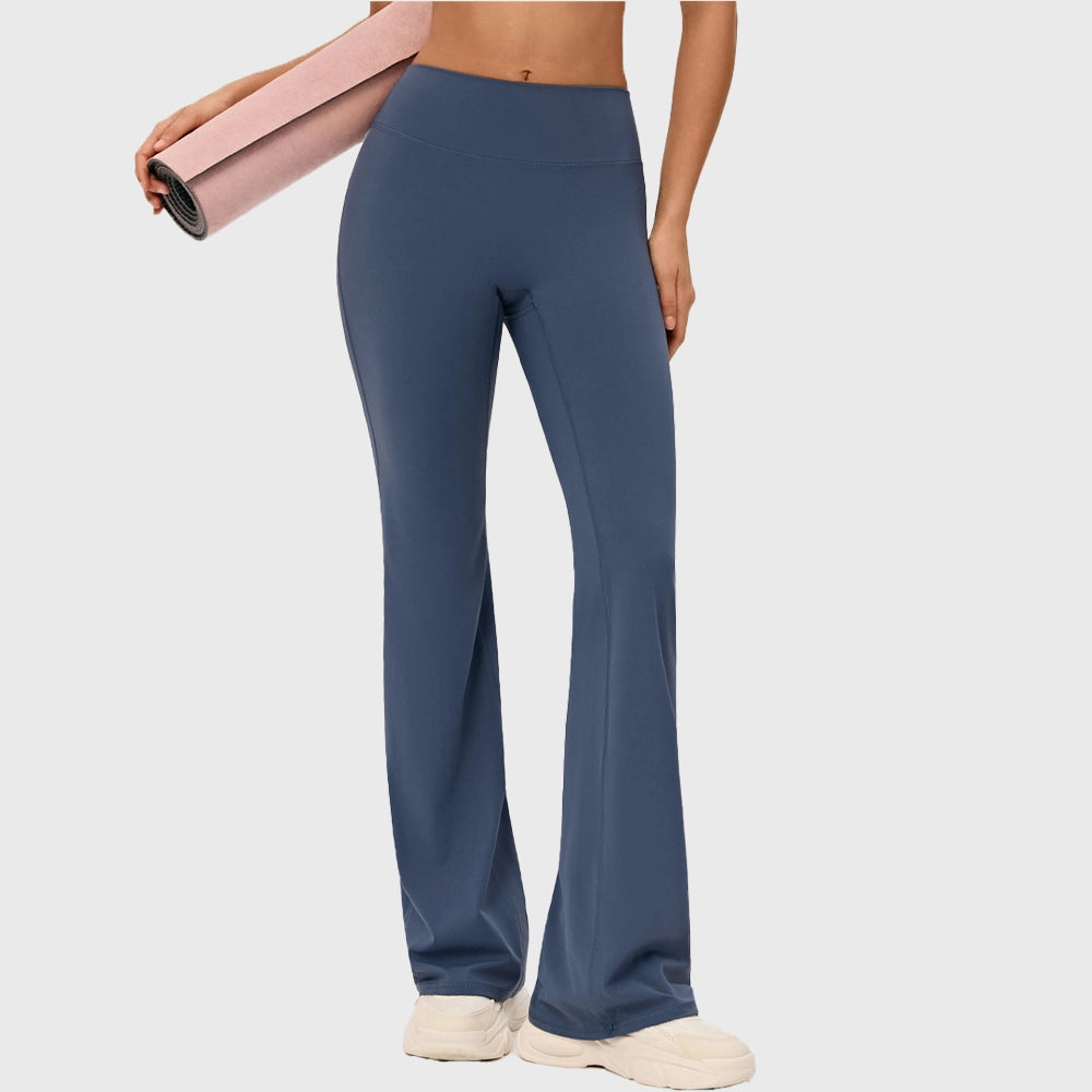 Women's high waisted flare yoga leggings with yoga mat in steel blue with custom logo, OEM gym wear manufacturer.
