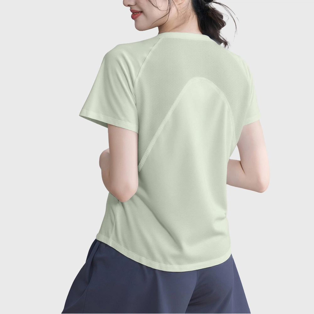 Back view showing curved breathable mesh ventilation on women's athletic t-shirt in mint green with custom logo, direct clothing manufacturer.
