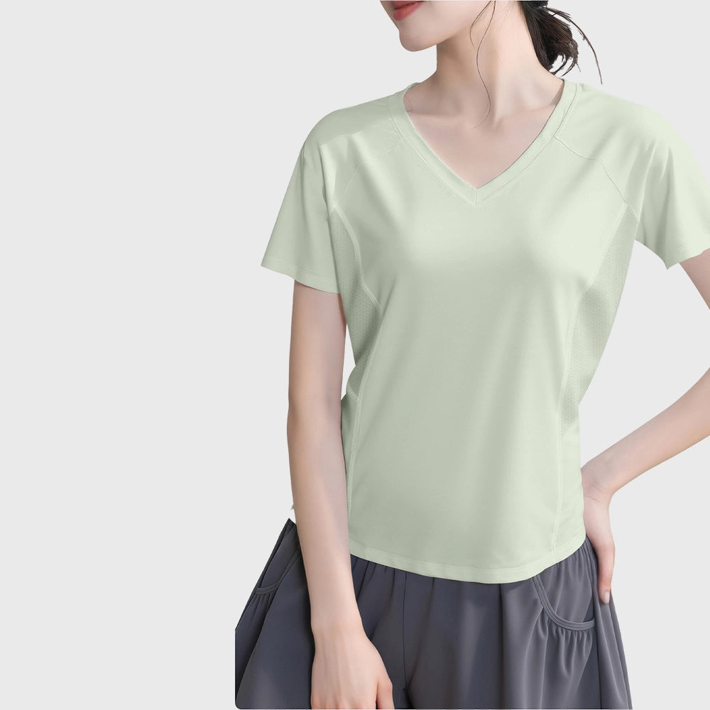 Women's short sleeve V-neck workout t-shirt with mesh panels in mint green with custom logo, custom sportswear manufacturer.
